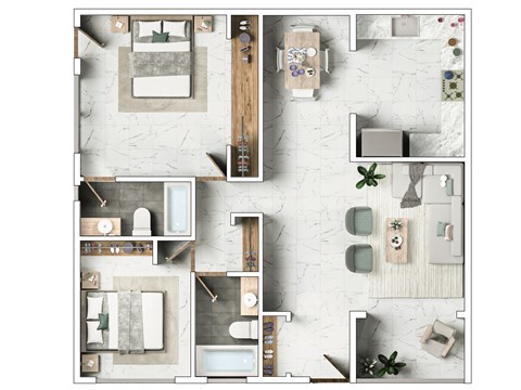 Floor plan for 2 beds, 2 baths, 1025 sqft